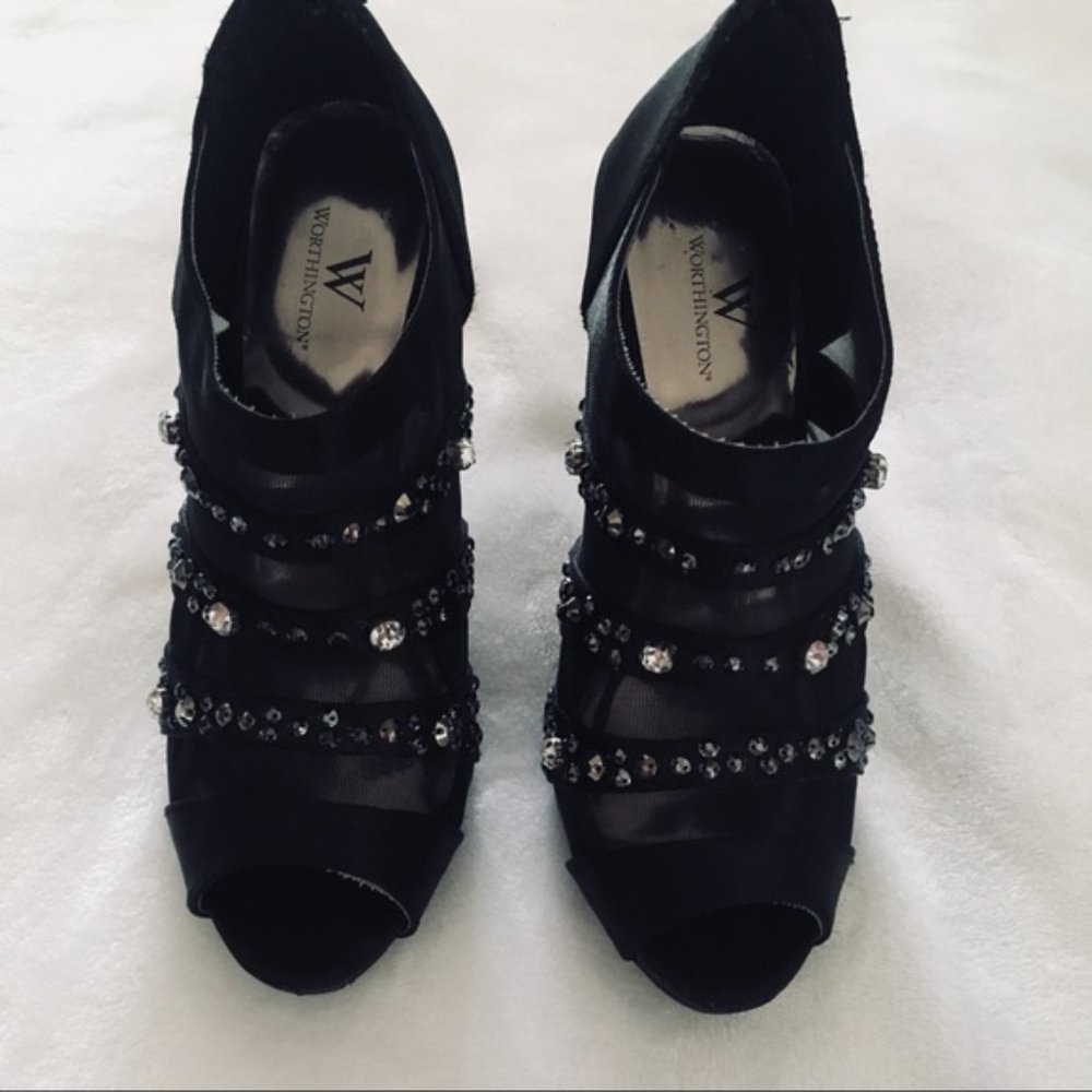 Jeweled and Mesh Black Peep Toe Bootie High Heel | Sexy Fun Celebrity Socialite - Picture 5 of 7